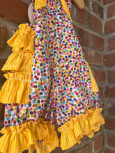 Load image into Gallery viewer, Polka Dot Ruffled Romper, Smash Cake Outfit, Baby Romper, Rainbow Birthday Outfit, Knotted Romper Size 12 months