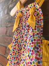 Load image into Gallery viewer, Polka Dot Ruffled Romper, Smash Cake Outfit, Baby Romper, Rainbow Birthday Outfit, Knotted Romper Size 12 months