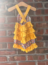 Load image into Gallery viewer, Polka Dot Ruffled Romper, Smash Cake Outfit, Baby Romper, Rainbow Birthday Outfit, Knotted Romper Size 12 months