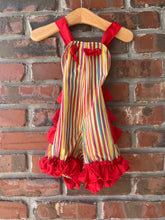 Load image into Gallery viewer, Stripe Ruffled Romper, Smash Cake Outfit, Baby Romper, Rainbow Birthday Outfit, Knotted Romper Size 12 months