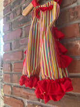 Load image into Gallery viewer, Stripe Ruffled Romper, Smash Cake Outfit, Baby Romper, Rainbow Birthday Outfit, Knotted Romper Size 12 months