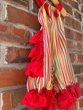 Load image into Gallery viewer, Stripe Ruffled Romper, Smash Cake Outfit, Baby Romper, Rainbow Birthday Outfit, Knotted Romper Size 12 months