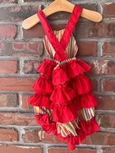 Load image into Gallery viewer, Stripe Ruffled Romper, Smash Cake Outfit, Baby Romper, Rainbow Birthday Outfit, Knotted Romper Size 12 months