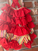 Load image into Gallery viewer, Stripe Ruffled Romper, Smash Cake Outfit, Baby Romper, Rainbow Birthday Outfit, Knotted Romper Size 12 months