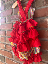 Load image into Gallery viewer, Stripe Ruffled Romper, Smash Cake Outfit, Baby Romper, Rainbow Birthday Outfit, Knotted Romper Size 12 months
