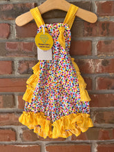 Load image into Gallery viewer, Polka Dot Ruffled Romper, Smash Cake Outfit, Baby Romper, Rainbow Birthday Outfit, Knotted Romper Size 12 months