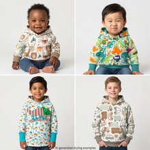 Load image into Gallery viewer, Boys across four age ranges wearing Grow With Me hoodie styling mockups