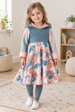 Load image into Gallery viewer, Child-model mockup of the butterfly-print Grow With Me hooded dress