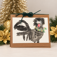 Load image into Gallery viewer, Handmade watercolor Polish rooster Christmas wreath card with a dark yarn bow and gold holiday decorations