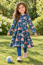 Load image into Gallery viewer, Moths on Navy dress outdoors with hood down