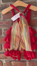 Load and play video in Gallery viewer, Stripe Ruffled Romper, Smash Cake Outfit, Baby Romper, Rainbow Birthday Outfit, Knotted Romper Size 12 months