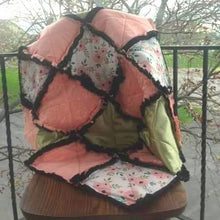 Load image into Gallery viewer, Boho, FloralRag Quilt AND Pillow Gift Set, 34"x34" Ragged Quilt in Peach/Coral Poppy, Satin Green and Black Minky, Matching 3D Floral Pillow