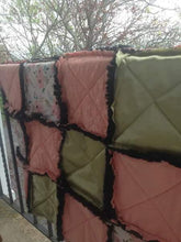 Load image into Gallery viewer, Boho, FloralRag Quilt AND Pillow Gift Set, 34"x34" Ragged Quilt in Peach/Coral Poppy, Satin Green and Black Minky, Matching 3D Floral Pillow