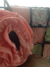 Load image into Gallery viewer, Boho, FloralRag Quilt AND Pillow Gift Set, 34"x34" Ragged Quilt in Peach/Coral Poppy, Satin Green and Black Minky, Matching 3D Floral Pillow