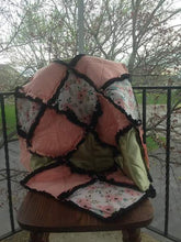 Load image into Gallery viewer, Boho, FloralRag Quilt AND Pillow Gift Set, 34"x34" Ragged Quilt in Peach/Coral Poppy, Satin Green and Black Minky, Matching 3D Floral Pillow
