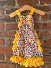Load image into Gallery viewer, Polka Dot Ruffled Romper, Smash Cake Outfit, Baby Romper, Rainbow Birthday Outfit, Knotted Romper Size 12 months
