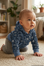 Load image into Gallery viewer, Baby crawling in a Navy Tools Grow With Me hoodie
