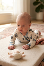 Load image into Gallery viewer, Baby enjoying supervised tummy time in the tractor romper
