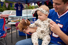 Load image into Gallery viewer, Blonde baby girl in the bison outfit at a Bills tailgate
