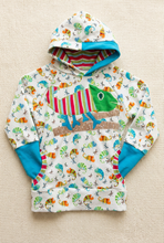 Load image into Gallery viewer, Chameleon hoodie with turquoise cuffs, cleaned-up flat lay
