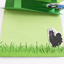 Load image into Gallery viewer, Close-up of the Polish rooster illustration and watercolor grass inside a handmade farm pop-up card
