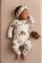 Load image into Gallery viewer, Newborn girl in the bison outfit with closed mitten cuffs
