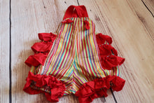 Load image into Gallery viewer, Stripe Ruffled Romper, Smash Cake Outfit, Baby Romper, Rainbow Birthday Outfit, Knotted Romper Size 12 months
